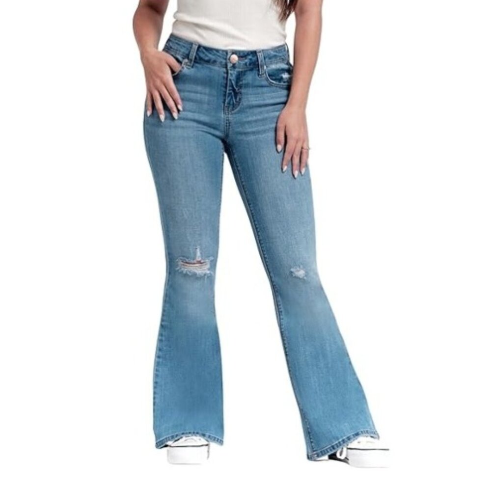 1822 Denim Jeans Mid-Rise Flare Jean in Paisley Light Distressed Pants Petite